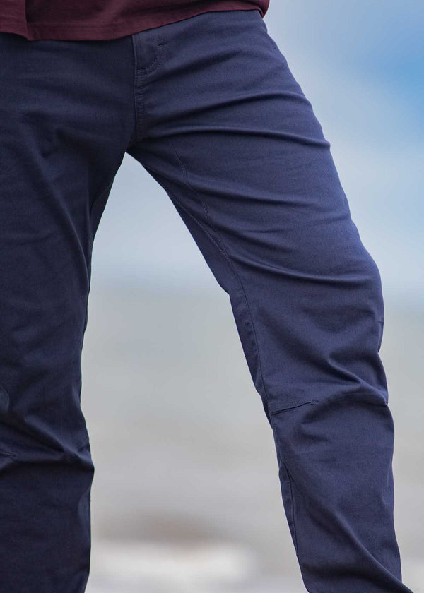 A close up shot of the knee darts on our Johnson trousers, Designed to provide extra range of motion when you need it