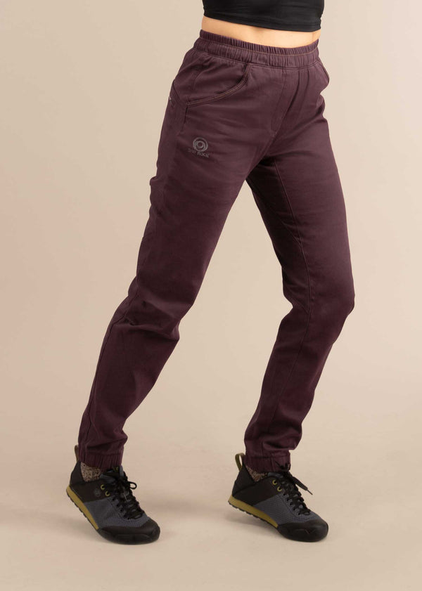 3RD ROCK Margo purple womens climbing trousers - Jess is 5ft 8” with a  29" waist, 38" hips & a 32.5" inseam and is wearing a size 28RL.