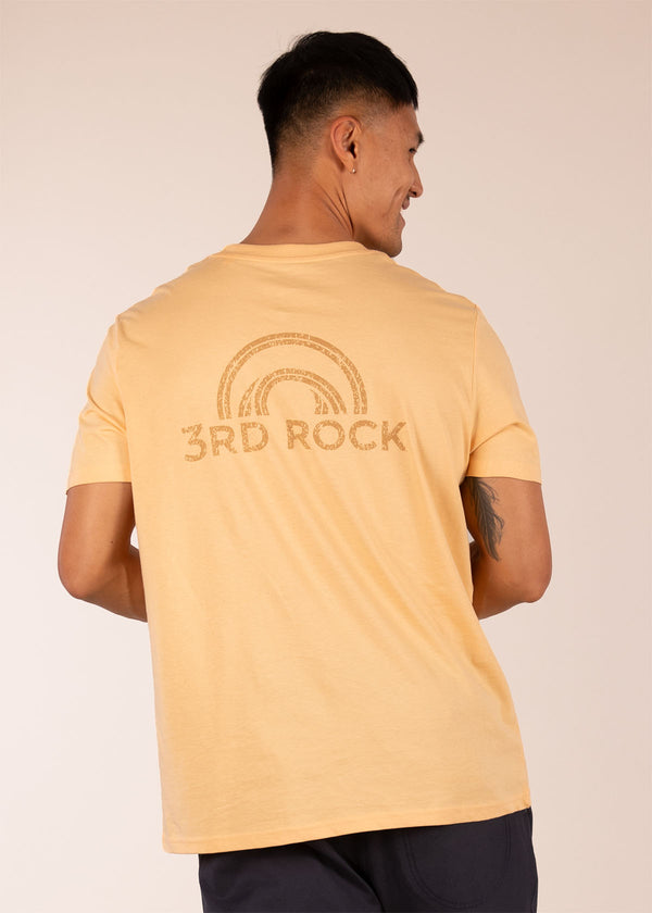 3RD ROCK Clothing organic cotton tee with horizon logo - Donald is 6ft1″  with a 40" chest and is wearing a size L. M