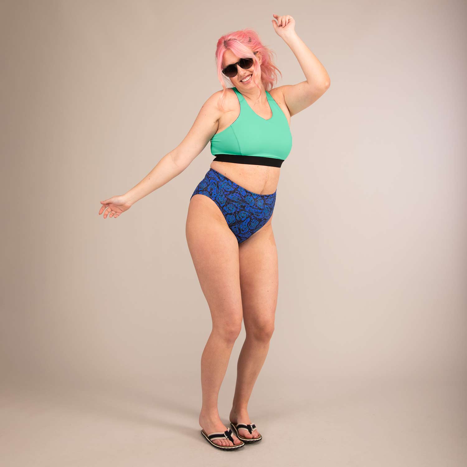 TIDE GEO JAGUAR | High Cut Recycled Bikini Bottoms | 3RD ROCK Clothing -  Sophie is 5ft 9 with a 34" waist, 42" hips and wears a size 16 F