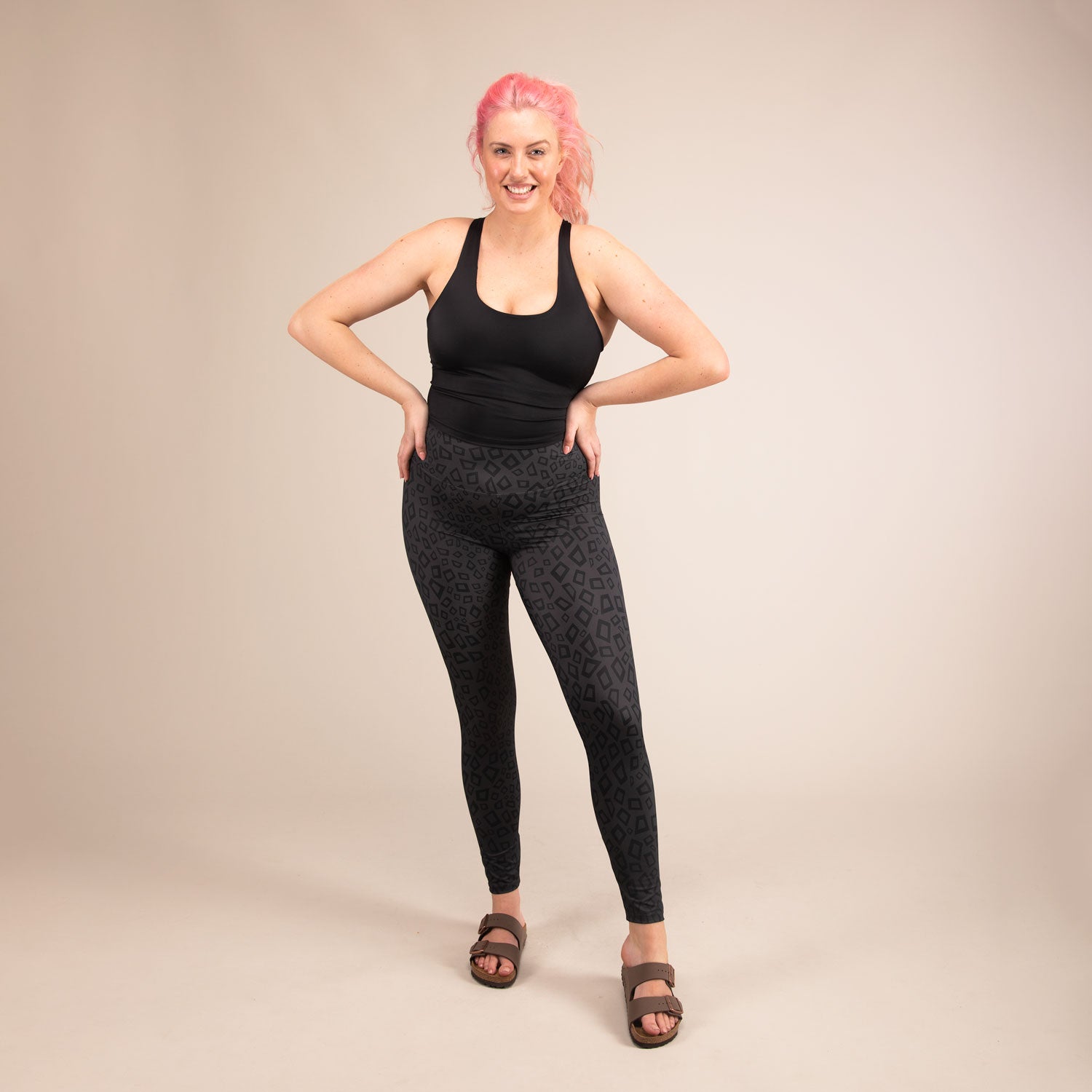 TITAN MINIMAL LEOPARD | Printed Recycled Leggings | 3RD ROCK Clothing -  Sophie is 5ft 9 with a 34" waist, 42" hips and wears a size 16 F