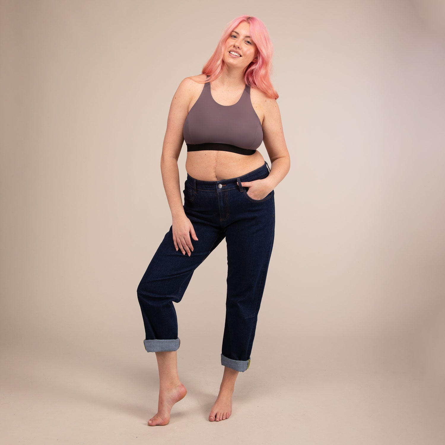 EQUINOX MINIMAL LEOPARD | Reversible Recycled Sports Bra | 3RD ROCK Clothing -  Sophie is a 34G with a 32" underbust, 40.5" overbust and wears a size 16 F
