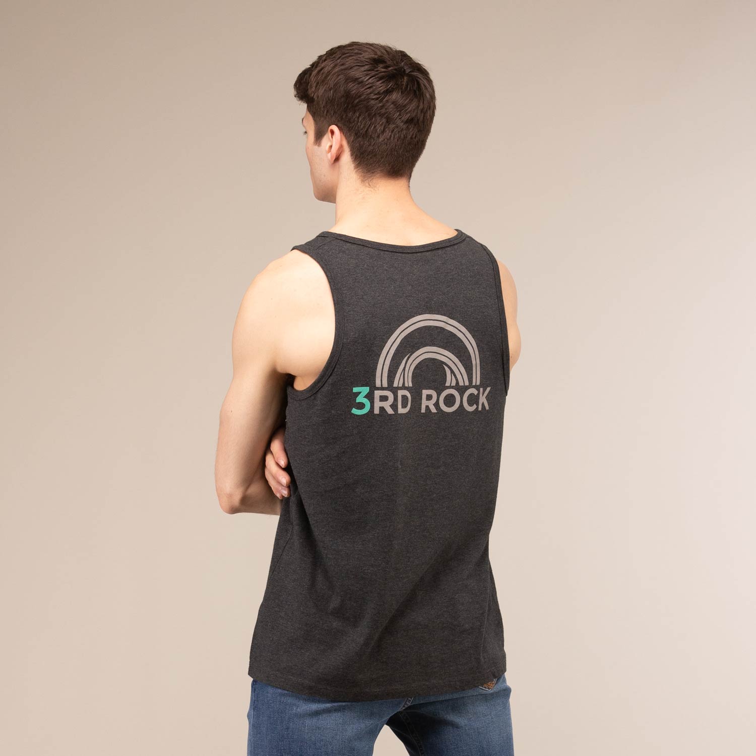 ROMAN LOGO VEST | Organic Cotton Action Vest | 3RD ROCK Clothing -  Billy is 5ft 11 with a 41" bust and wears a size L M