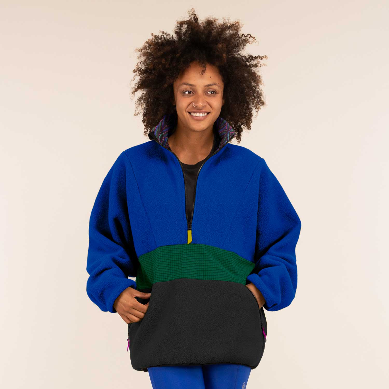 ALEX | Unisex Half Zip Fleece | 3RD ROCK Clothing -  Kendal is 5ft 7" with a 36" chest, 28" waist, 38" hips measuring S-M on the size chart. Here she wears a size L for a more oversized fit.  F