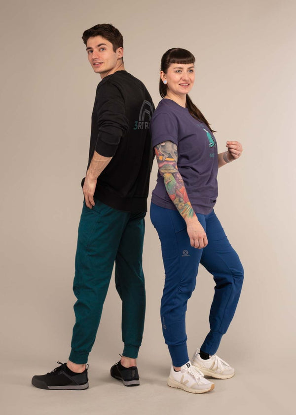 BATABOOM Sweatpants | Super Soft Organic Sweats | 3RD ROCK Clothing -  Billy is 5ft 11 with a 30" waist, 37" hips and wears a 30/RL. Laura is 5ft 6 with a 31" waist, 43" hips and wears a size 32/RL. 