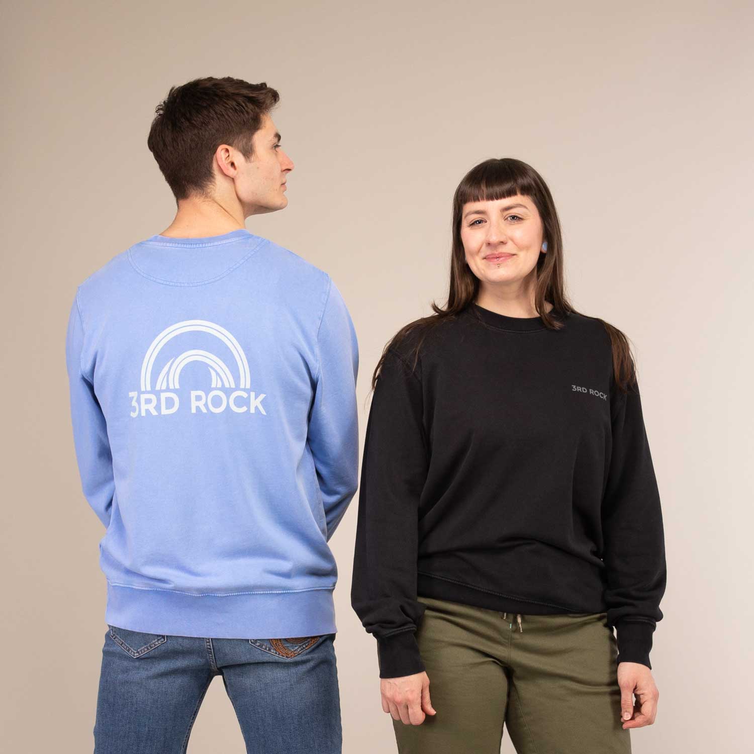 BELLAMY SWEATSHIRT |  Organic Cotton Sweatshirt | 3RD ROCK Clothing -  Laura is 5ft 6 with a 36" bust and wears a size M Billy is 5ft 11 with a 41" chest and wears a size L