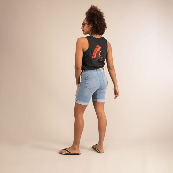 BUTTRESS Denim Shorts | High Rise 4-way stretch denim | 3RD ROCK Clothing - Kendal is 5ft 8" with a 28" waist and 38" hips and wears a size 30.  F