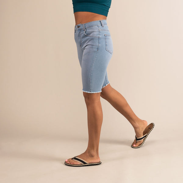 BUTTRESS Denim Shorts | High Rise 4-way stretch denim | 3RD ROCK Clothing - Kendal is 5ft 8" with a 28" waist and 38" hips and wears a size 30.  F