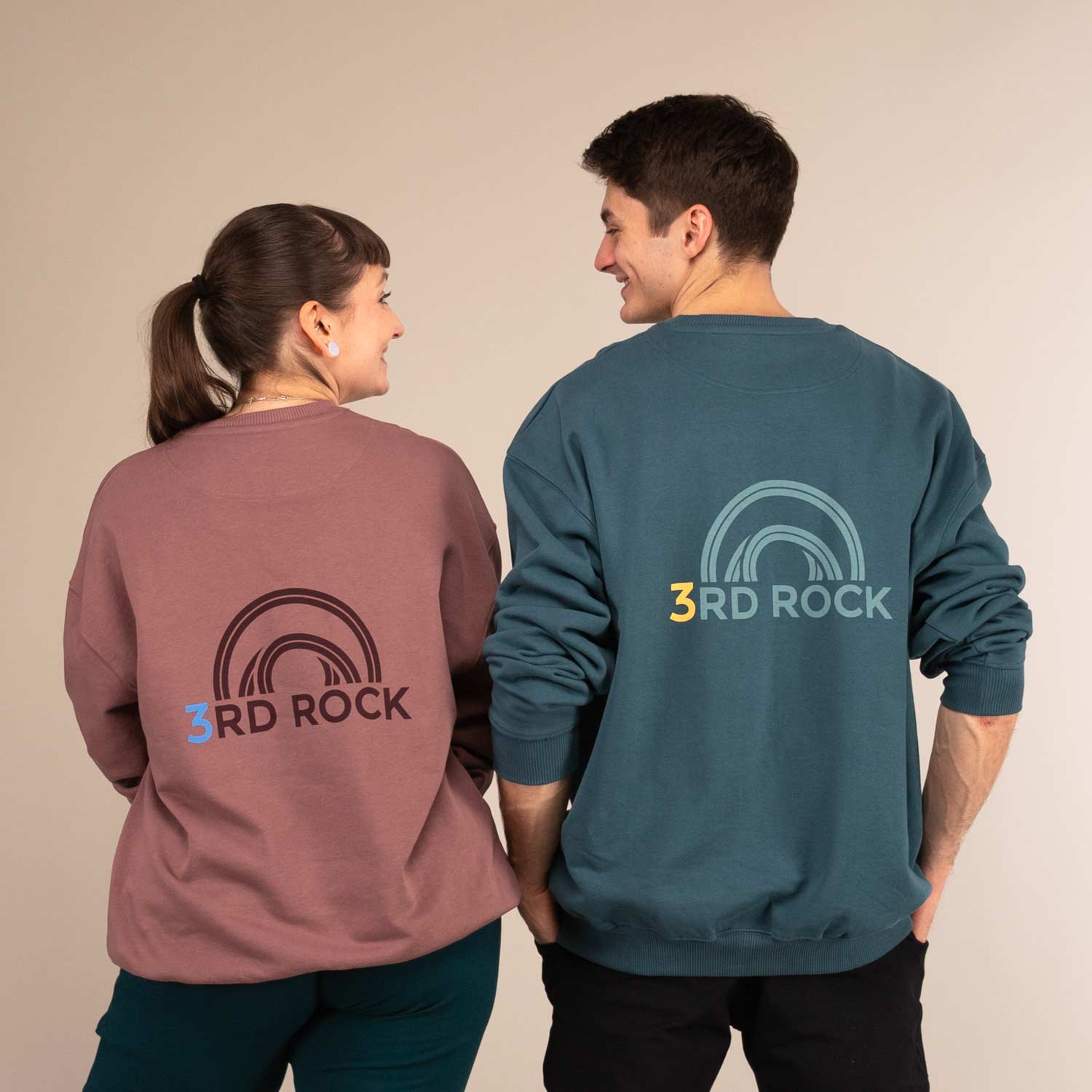 CHARLIE SWEATSHIRT | Oversized Organic Sweatshirt | 3RD ROCK Clothing -  Laura is 5ft 6 with a 36" bust and wears a size M.  Billy is 5ft 11 with a 41" chest and wears a size L