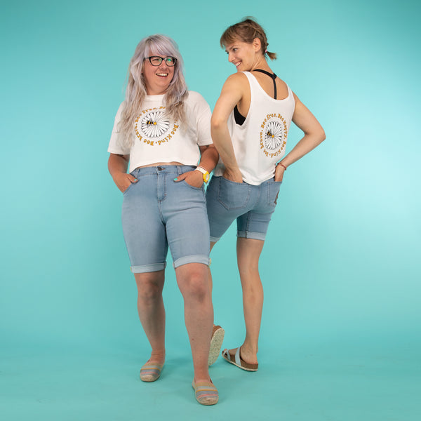 CRAFTEVAN BEE FREE T-Shirt | Organic Cotton Cropped Tee | 3RD ROCK Clothing -  Julie is 5ft 4.5" with a 39" bust and wears a size 10, showing the tee as more fitted F