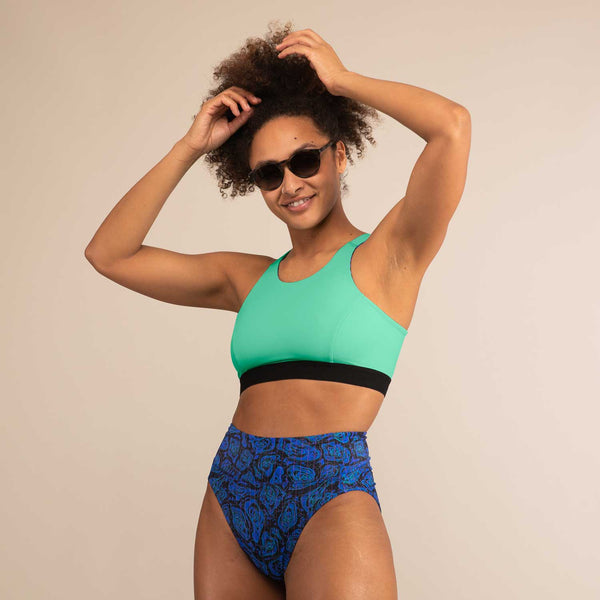 TIDE GEO JAGUAR | High Cut Recycled Bikini Bottoms | 3RD ROCK Clothing -  Kendal is 5ft 7 with a 28" waist, 38" hips and wears a size 12 F