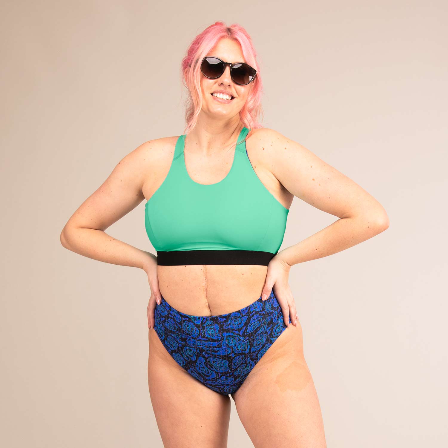 EQUINOX GEO JAGUAR | Reversible Recycled Sports Bra | 3RD ROCK Clothing -  Sophie is a 34G with a 32" underbust, 40.5" overbust and wears a size 16 F