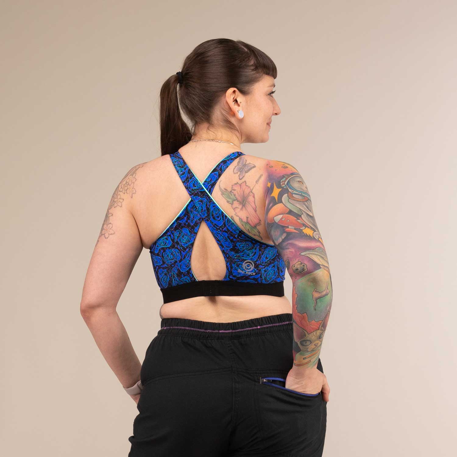 EQUINOX GEO JAGUAR | Reversible Recycled Sports Bra | 3RD ROCK Clothing -  Laura is a 32E with a 30"underbust, 36" overbust and wears a size 14 F