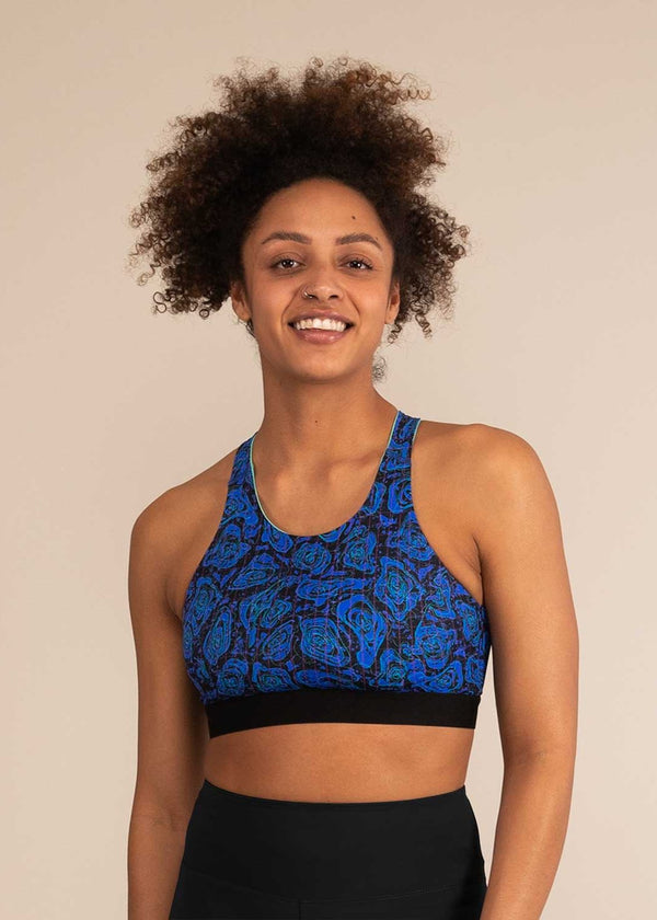 EQUINOX GEO JAGUAR | Reversible Recycled Sports Bra | 3RD ROCK Clothing -  Kendal is a 34D with a 32" underbust, 36" overbust and wears a size 12 F