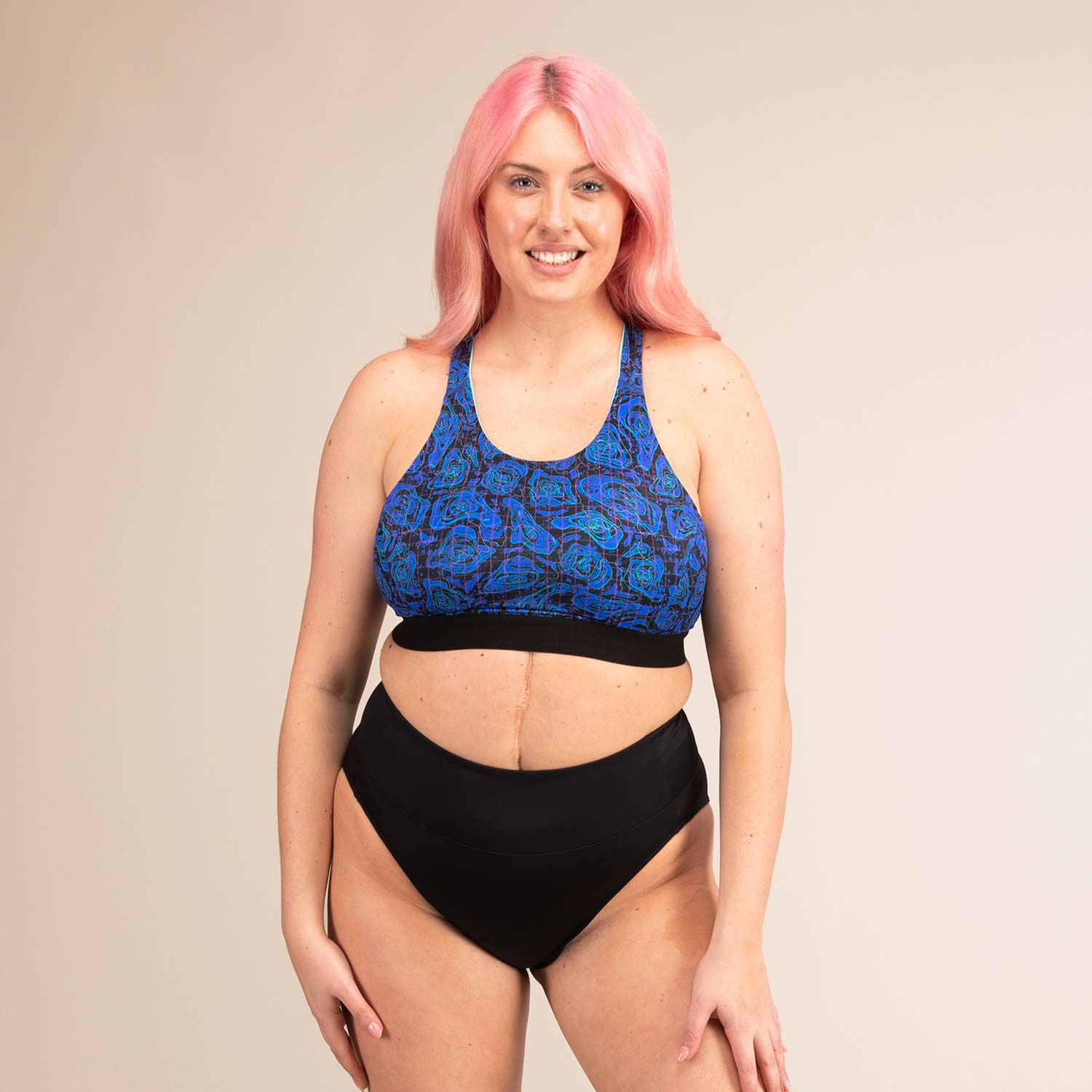EQUINOX GEO JAGUAR | Reversible Recycled Sports Bra | 3RD ROCK Clothing -  Sophie is a 34G with a 32" underbust, 40.5" overbust and wears a size 16 F