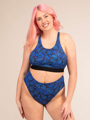 TIDE GEO JAGUAR | High Cut Recycled Bikini Bottoms | 3RD ROCK Clothing -  Sophie is 5ft 9 with a 34