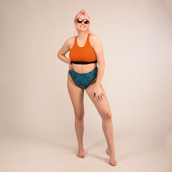 TIDE MINIMAL REPTILE | High Cut Recycled Bikini Bottoms | 3RD ROCK Clothing -  Sophie is 5ft 9 with a 34" waist, 42" hips and wears a size 16 F