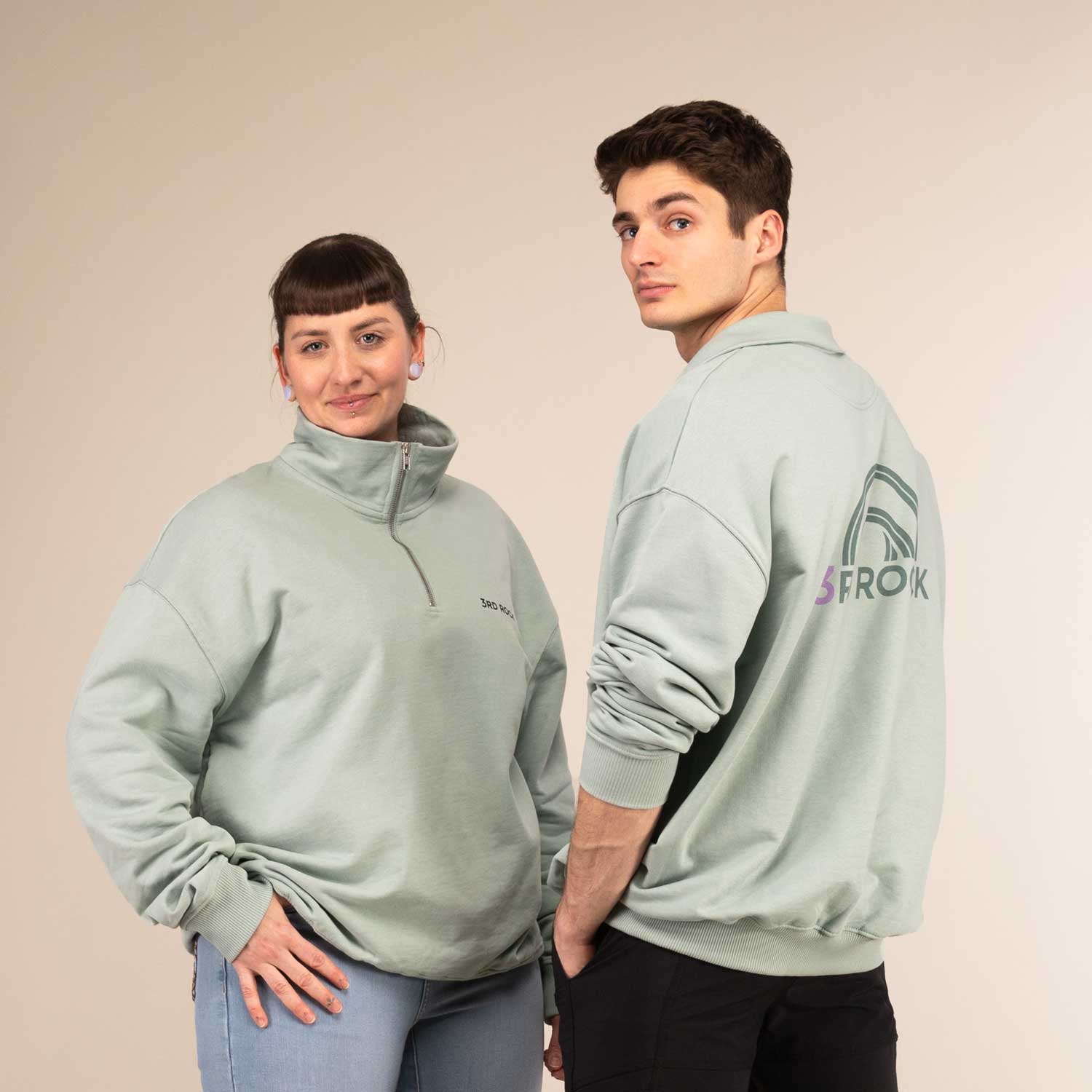 GERRY SWEATSHIRT |  Organic Zipped Sweatshirt | 3RD ROCK Clothing -  Laura is 5ft 6 with a 36" bust and wears a size M. Billy is 5ft 11 with a 41" bust and wears a size L
