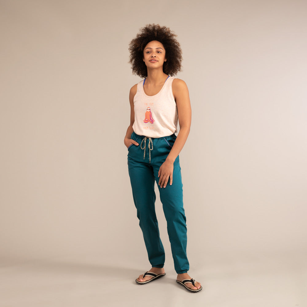 MARGO TROUSERS |  Organic Cotton Climbing Trousers | 3RD ROCK Clothing -  Kendal is 5ft 7 with a 28" waist, 38" hips and wears a size 30/RL F