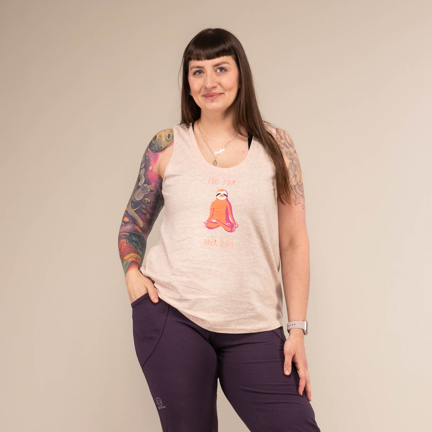 SLOTH VEST | Organic Scooped Cotton Vest | 3RD ROCK Clothing -  Laura is 5ft 6 with a 36" bust and wears a size M F